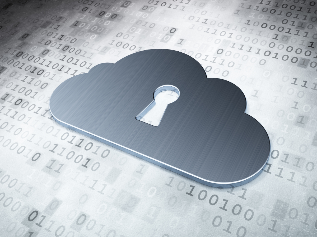 A silver cloud with a keyhole in the middle of the cloud and behind the cloud is binary