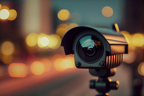 CCTV camera in public area, against blurred background