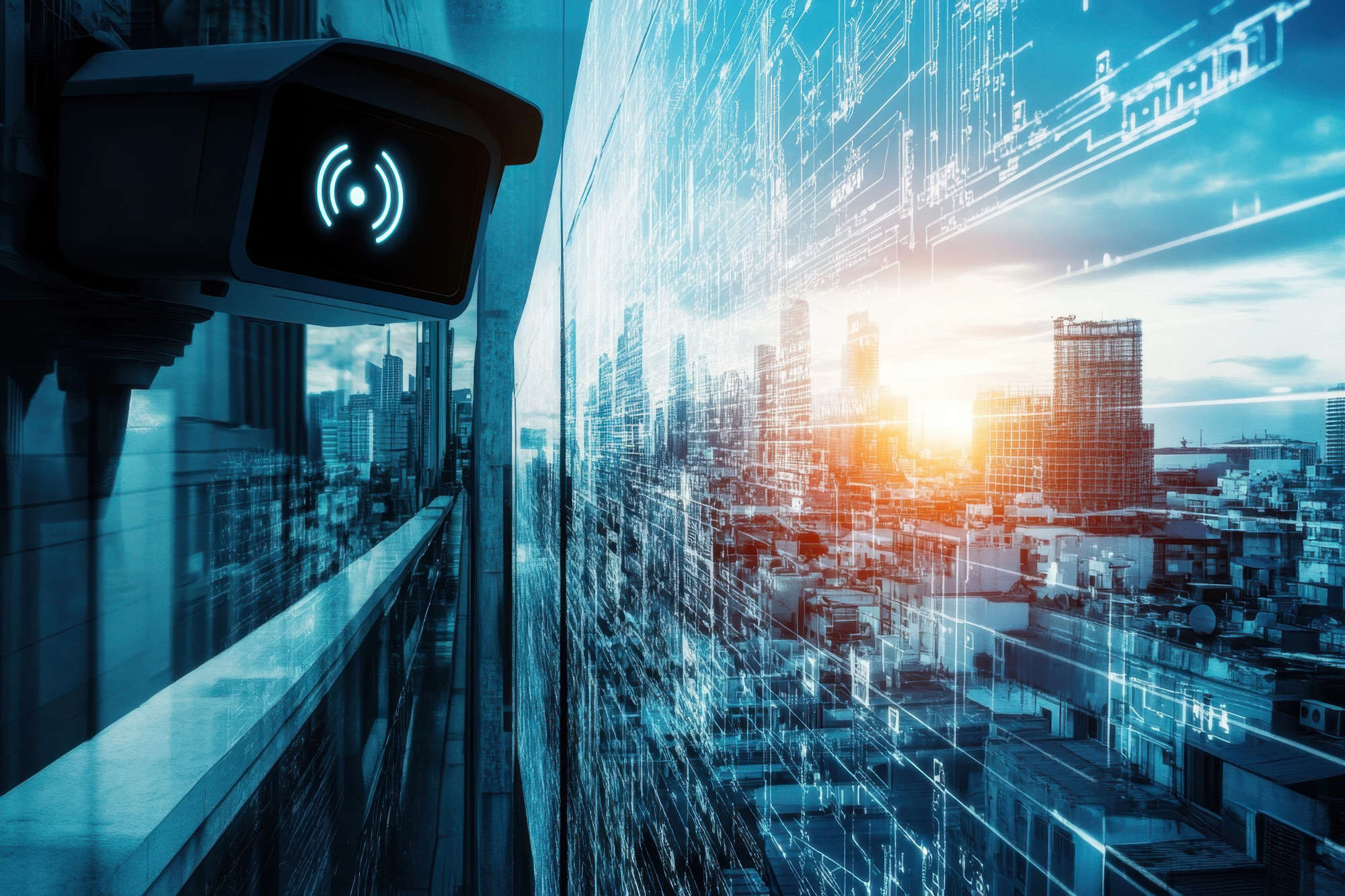 Surveillance camera watching over a city skyline, reflected off nearby building