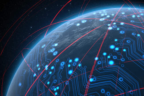 Planet with glowing data circuit network surrounded by orbiting light trails